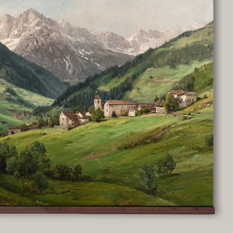 Très grande tapisserie murale sur toile Mountain Village avec cintre en bois, H 40 po x l 60 po