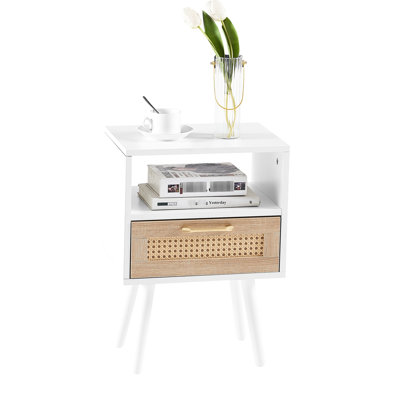 Modern Side Table With Drawer And Solid Wood Legs In White, Versatile For Living Room & Bedroom, 15.32"L X 11.94"W 21.57"H, Strong Load Capacity 15.32" Function Legs, White
