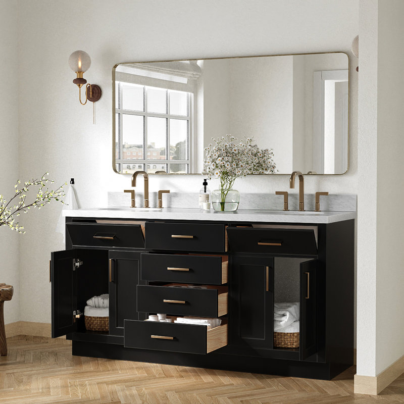 Meuble-lavabo double en bois massif de 66 po avec plateau en marbre de Carrare de 1,5 po Thornaby, Ovale