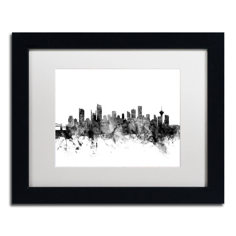 «Vancouver Canada Skyline B&W», impression encadrée, H 11 po x l 14 po x P 0,5 po, Noir, Toile avec cadre brun