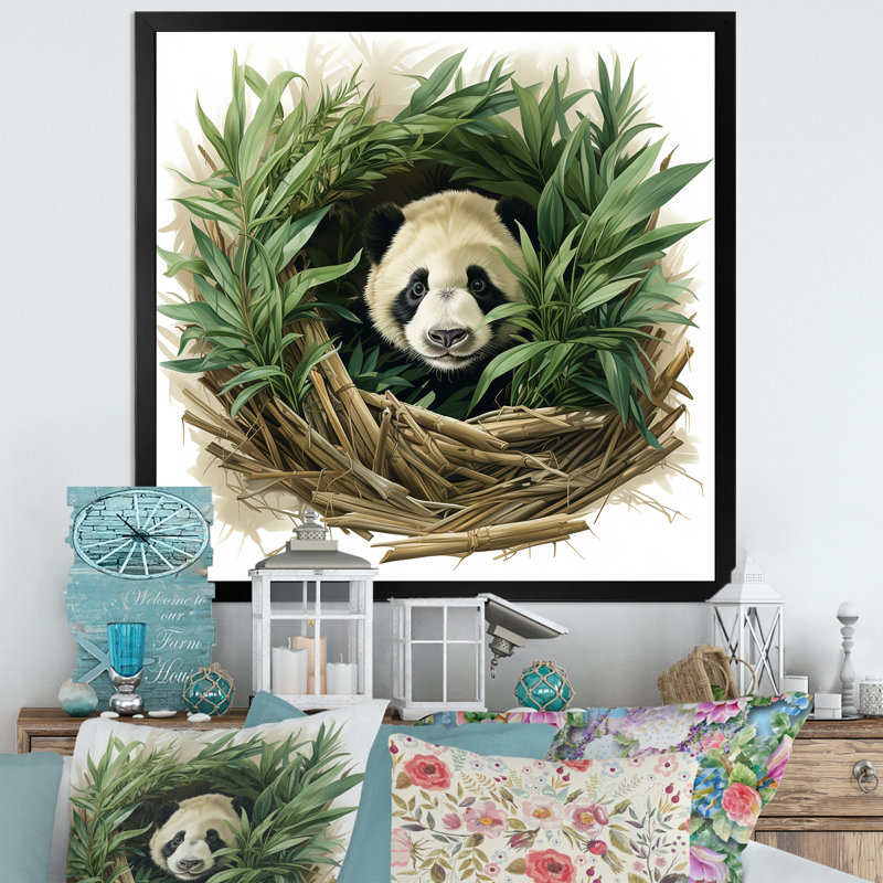 Panda vert avec habitation en bambou vert, Cadre simple noir, H 30 po x l 30 po x P 1,5 po