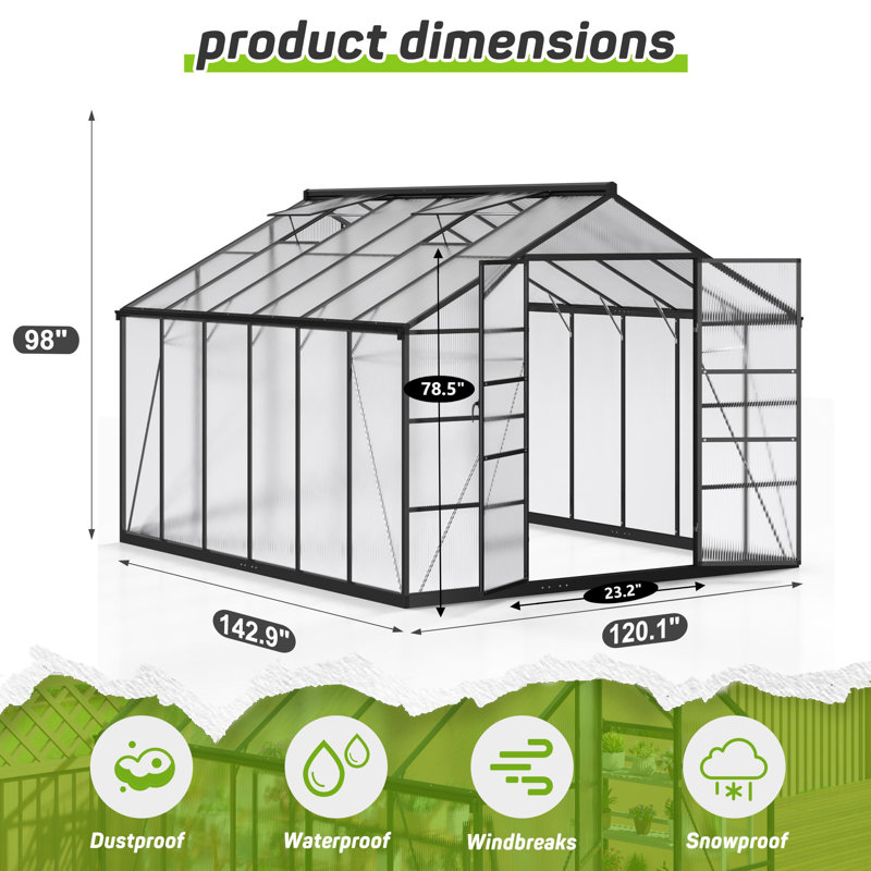 10 ft. W x 12 ft. D Greenhouse for Outdoors,  with Quick Setup Structure and Roof Vent, Black
