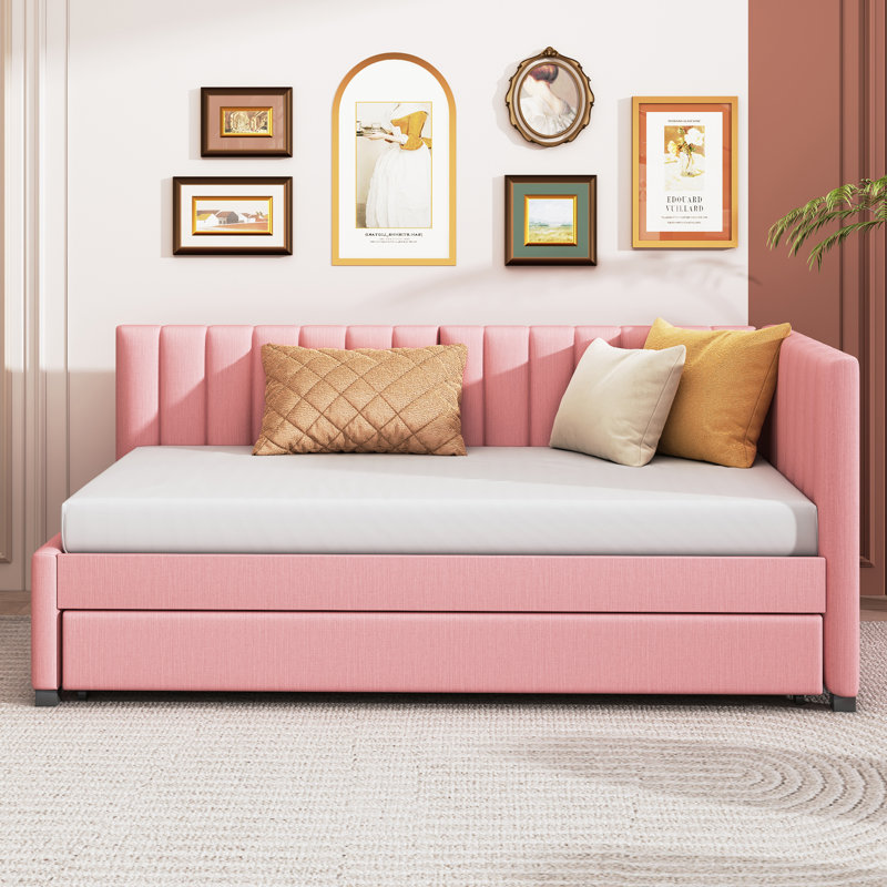 Zinnia Linen Upholstered Daybed with Trundle & Wooden Frame, Pink