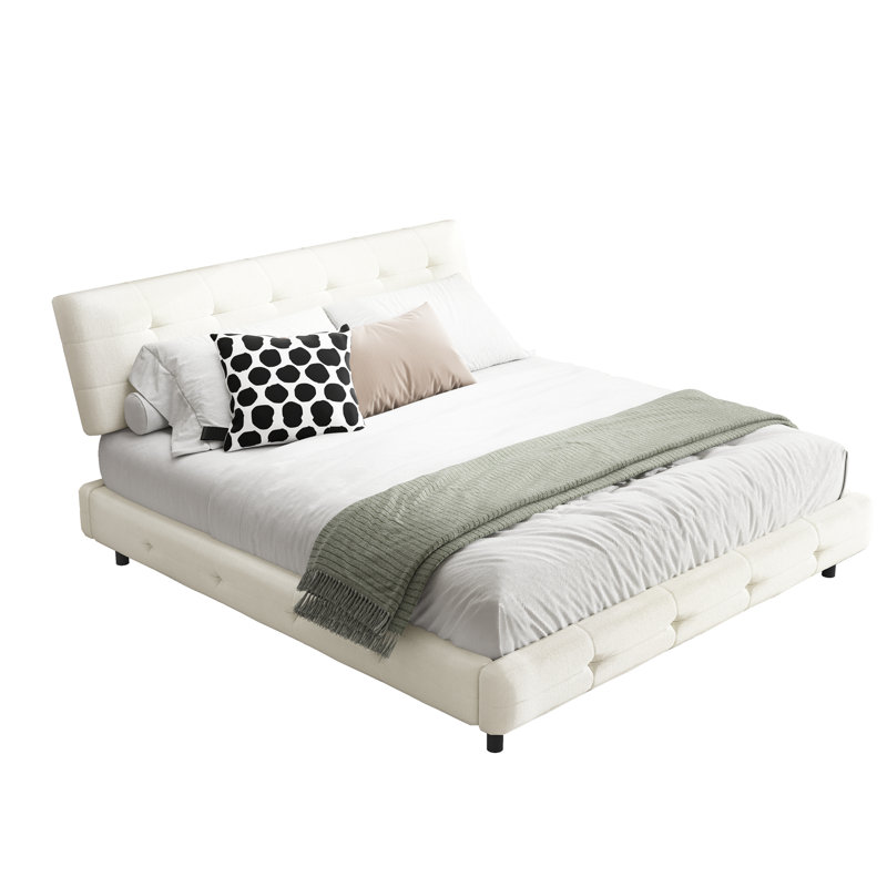 Lit plateforme en chenille avec support double en lattes de métal et de bois, Beige / Blanc, Très grand