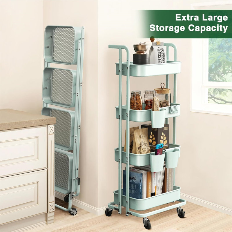 4 Tier Foldable Rolling Cart, Metal Utility Cart with Lockable Wheels, Folding Storage Trolley, Green