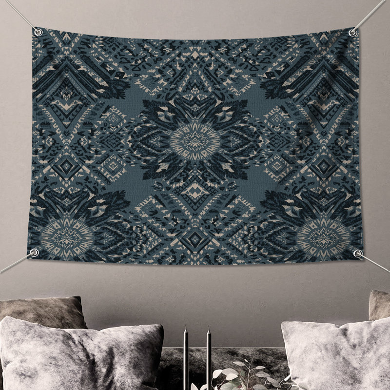 Tapisserie murale à motif tribal bleu - Décoration murale tribale, H 68 po x l 80 po avec 4 œillets
