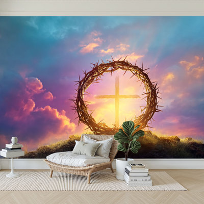 Peel and Stick Wallpaper Modern Self Adhesive Wall Mural for Bedroom Christian cross crown thorns field
