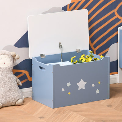 Soft Blue Star And Balloon Printed Kids Toy Box Flip Top MDF Storage Chest With Dual Side Cutout Handles Slow Close Gas Safety Hinge Children Toy Organiser Furniture For Bedroom Playroom