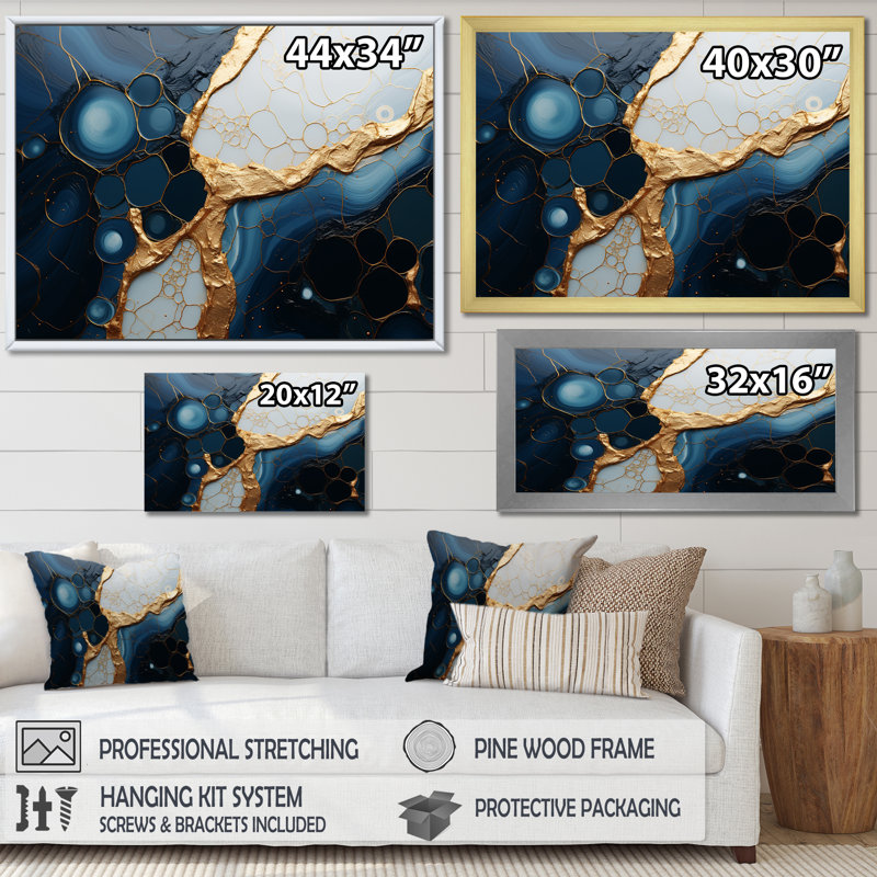 Or et marbre bleu Essence magique II - décoration murale en marbre, Toile tendue, H 28 po x l 60 po x P 1,5 po