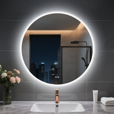 Round LED Mirror Framless, Adjustable Brightness, 3 Colors, Anti-Fog, Touch Control, Plug-In