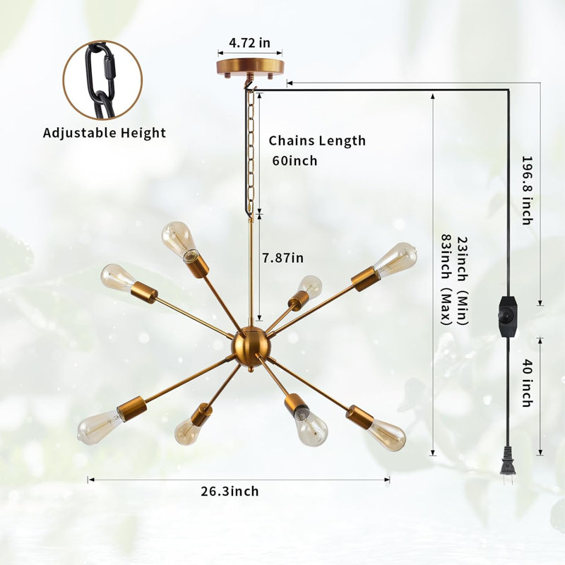26.3" Dimmable Plug In Chandelier, Modern Sputnik Chandeliers Brushed Gold 8-lights Plug In Pendant Light, Mid Century Hanging Ceiling Lighting Fixture For Dining Room Bedroom Kitchen Entryway