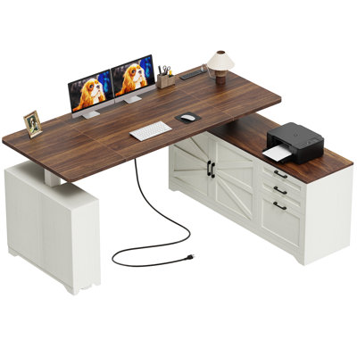 63" Farmhouse L-Shaped electric Standing Desk，28.4"-46.5" Height Adjustable Computer Desk with Power Outlet,Corner Office Desk,Storage Shelves, Sit stand desk for Home Office,Black
