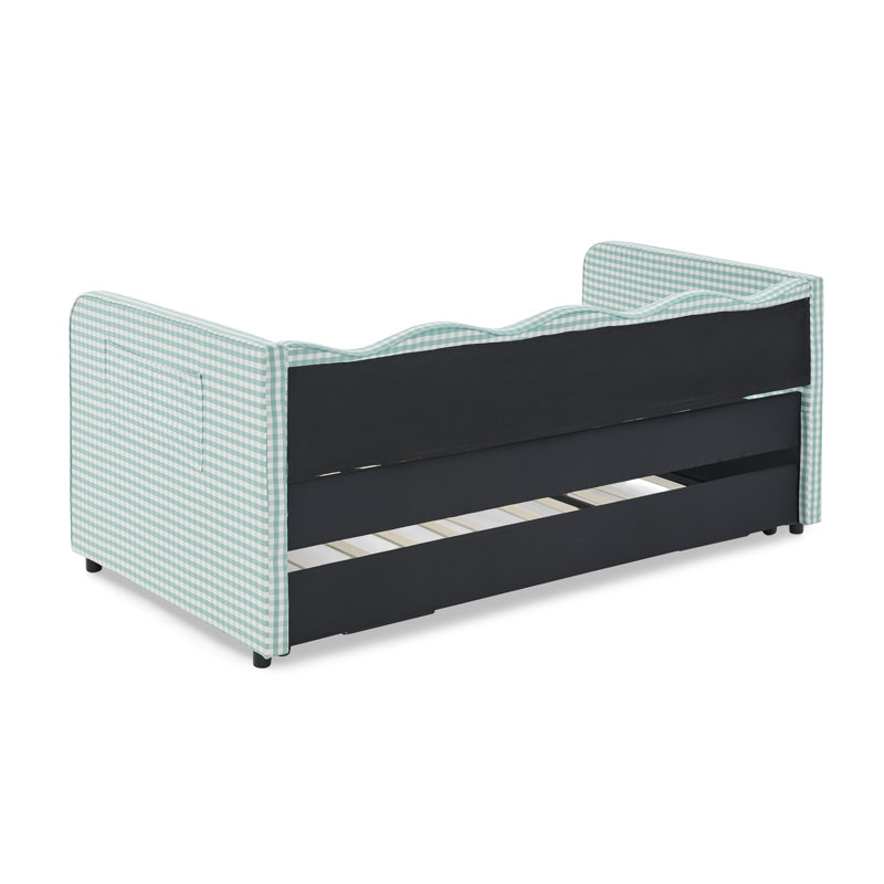 Lit de jour simple rembourré avec lit gigogne escamotable, canapé-lit convertible 3-en-1, tissu vichy, poches de rangement latérales - Cyan