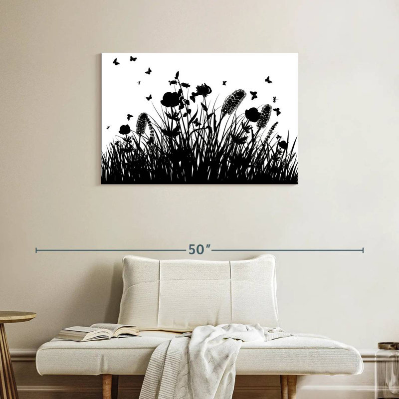 Harnek Black And White Grass Meadow, 24" H x 36" W