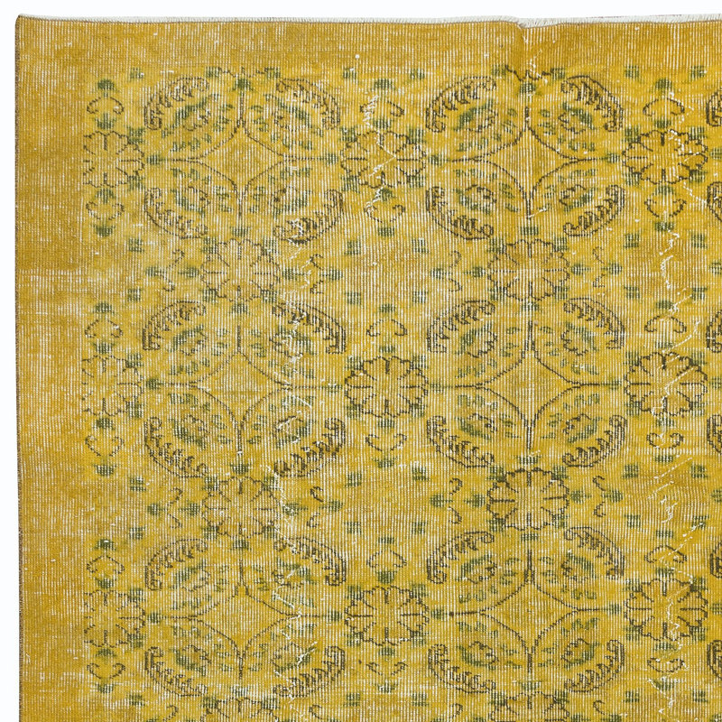 Tapis turc floral fait à la main 5,3 x 8,5 pi avec bordure jaune ambre et fond jaune moutarde