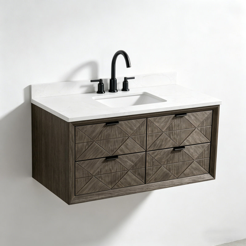 48" Floating Single Sink Solid Wood Gray Oak Bath Vanity with Engineered Marble Top, Gray Oak