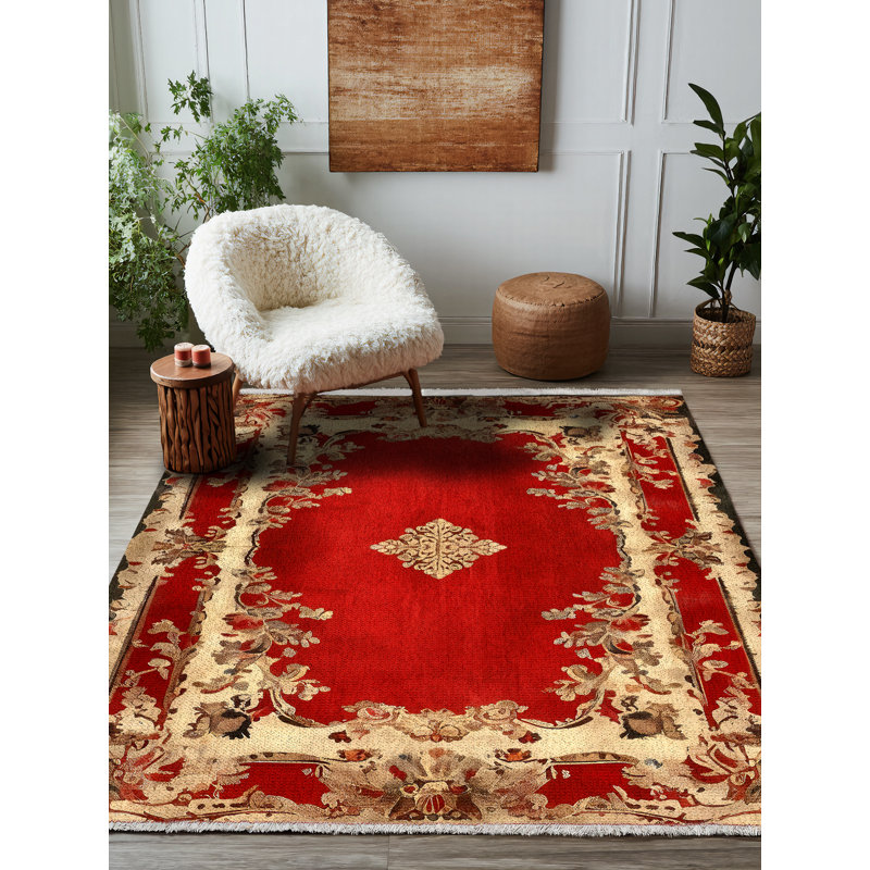 Tapis oriental rouge en polyester imprimé à la machine Susan, Rond 3 pi 4 po