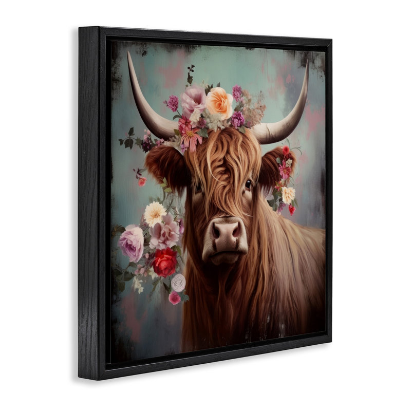 Vache avec fleurs rétro, H 18 po x l 18 po, Cadre flottant noir de jais