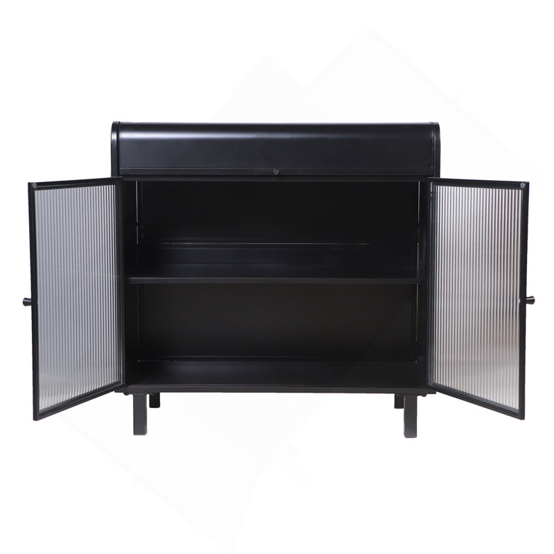 Buffet moderne avec portes en verre trempé figuré, dessus rabattable, tablettes intérieures, console de rangement à cadre en métal pour la salle à manger, la cuisine, le salon et le vestibule