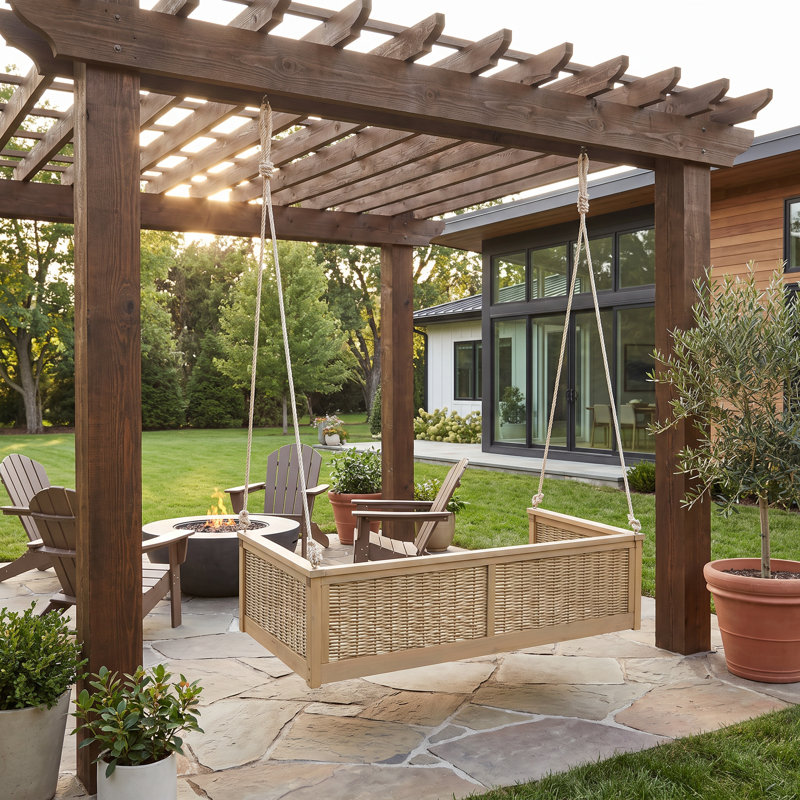 Balancelle de véranda simple en bois naturel, structure de balançoire suspendue en bois massif et en rotin avec de longues cordes pour le jardin, la piscine et la cour arrière （N'inclut pas les coussins de siège ou les coussins décoratifs）