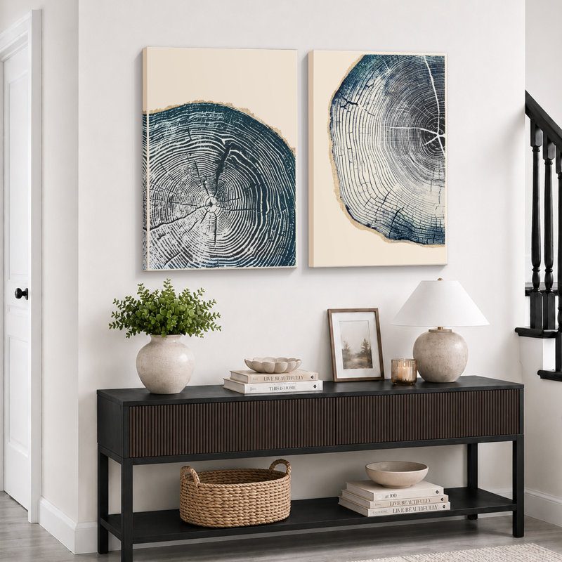 «Tree Ring», œuvre de souche en bois bleu marine, images murales simples et rustiques modernes, ensemble de 2 reproductions d'art sur toile, 16 x 24 x 2, 24 x 36 x 2