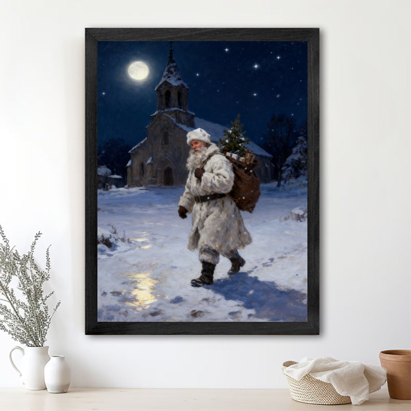 Art encadré noir, le père Noël marche seul dans la neige avec son sac à dos sur le dos, impressions sur toile de style rétro