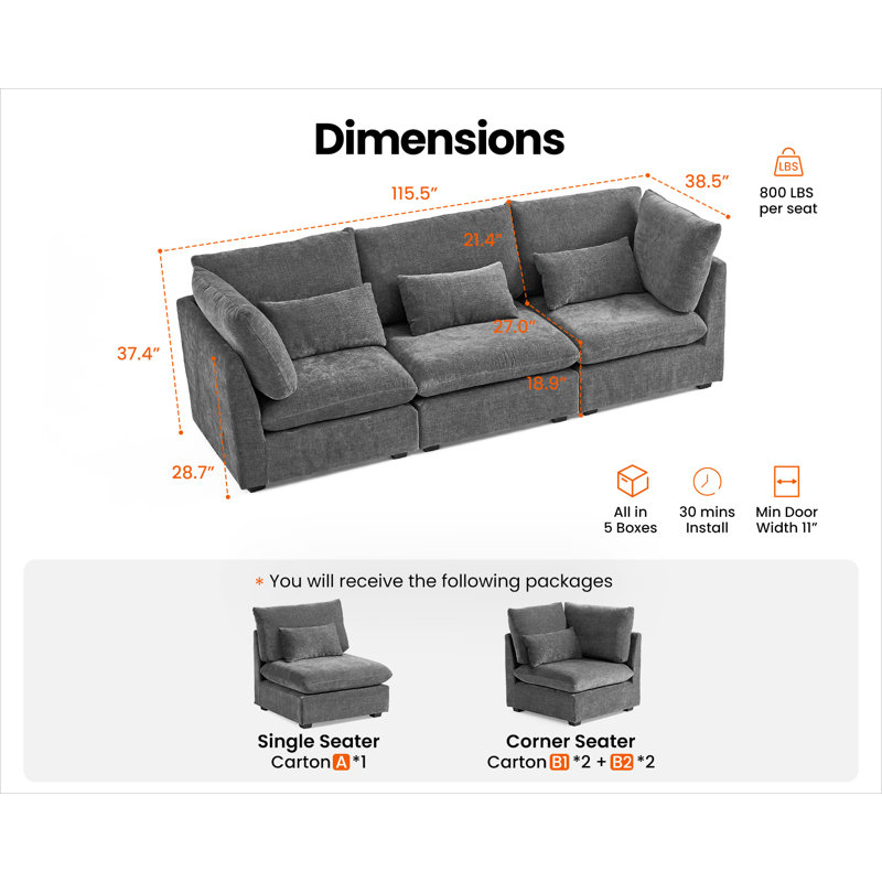 3 Seater Chenille Oversized Modular Sofa Extra Deep Cloud Corduroy Sectional Couch With Ottoman Chaise Fsc Certified Fluffy Sofa