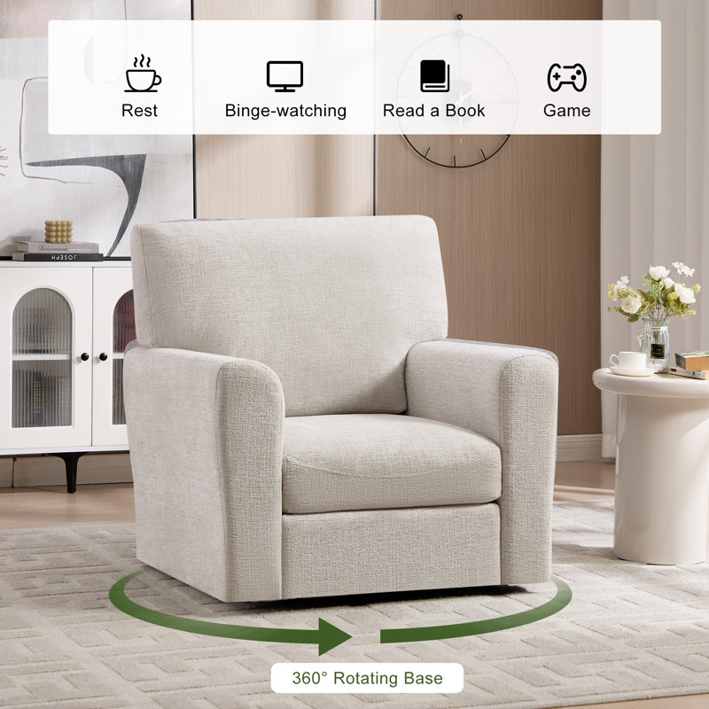 34''W Modern Soft Chenille Swivel Living Room Upholstered Swivel Accent Armchair With Pillow Back, Beige