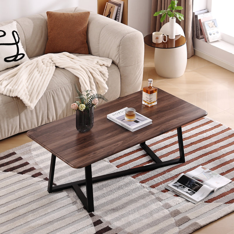Table basse moderne, table de salon rectangulaire en panneau de fibres à densité moyenne de 47,2 po avec structure en fer noir, table centrale pour canapé, bureau à domicile