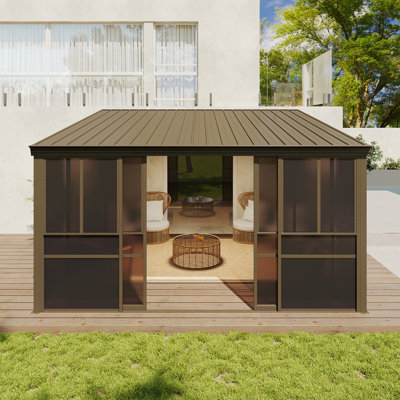 Wall-Mounted Screened Gazebo with Sliding Mesh Windows, Hardtop Metal Roof, and Aluminum Frame