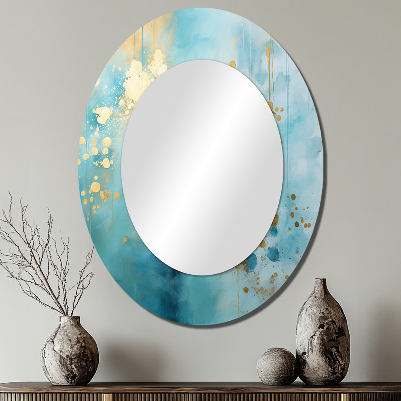 Divine Mandala Delicate Gold Gentle Turquoise IV - Large Oval Wall Mirror On Metal, 40" x 30"