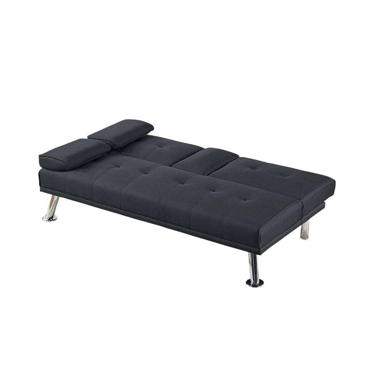 Canapé convertible Gary avec table pliante, pieds en métal, tissu noir