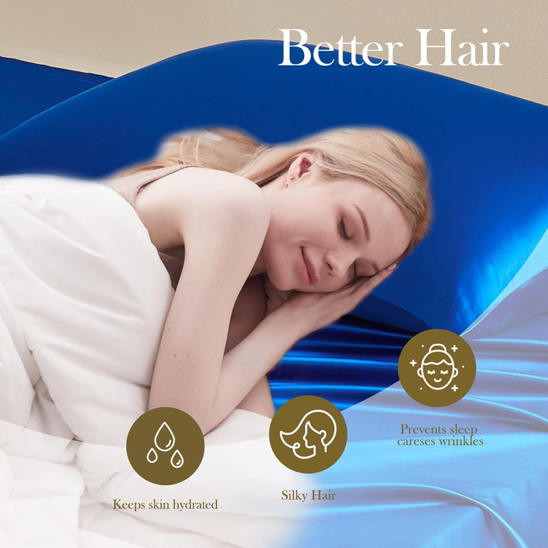 Ensemble de taie d'oreiller en soie et masque de sommeil en soie, Taies d'oreiller pour grand lit, Marine