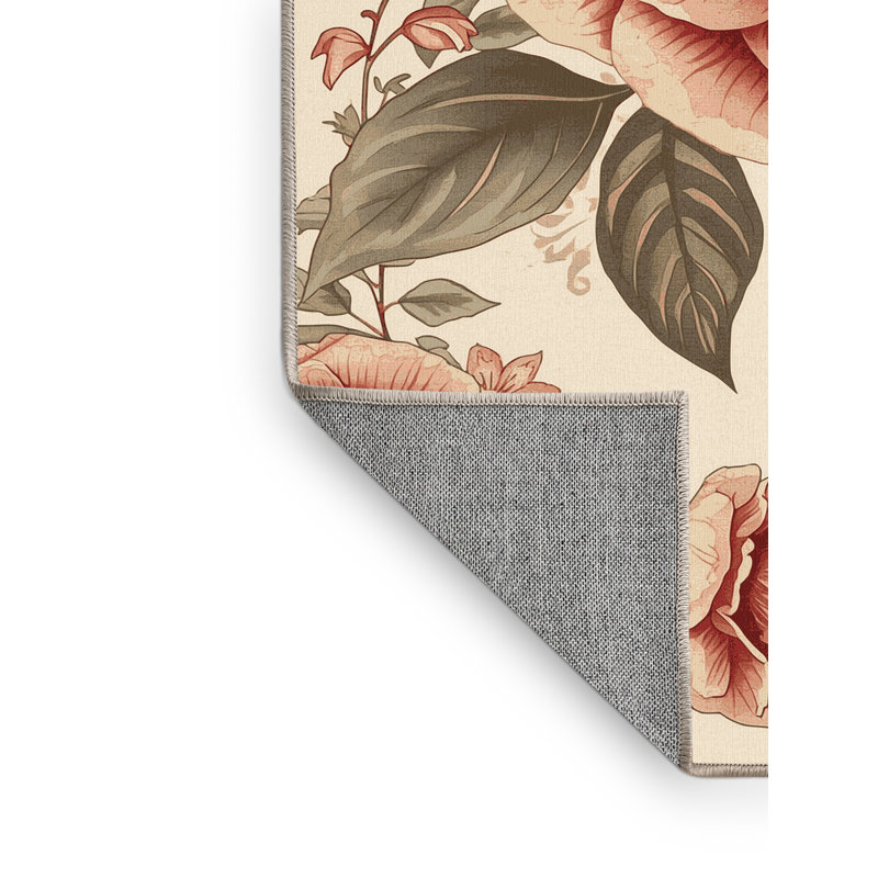 Tapis floral beige lavable à la machine Camellia, 7 x 9