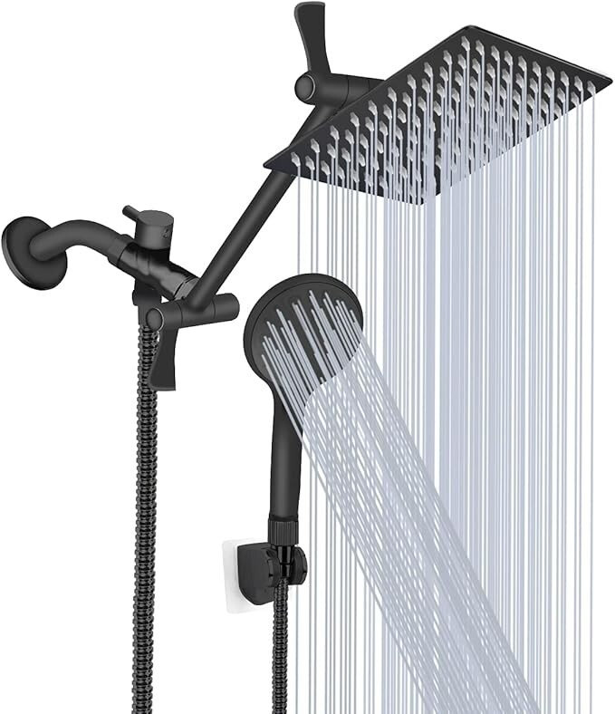Système de douche à effet pluie Mosson noir mat de 12 pouces avec bras pliable réglable, douchette et inverseur à 3 voies