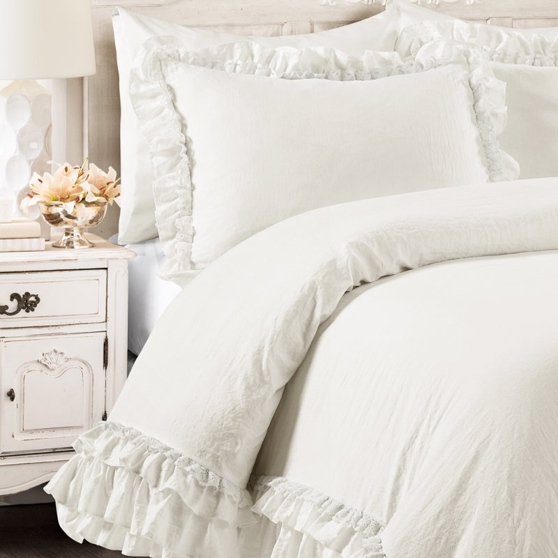 Ensemble d'édredon en microfibre Ella Shabby Elegance, Édredon double / grand + 2 taies décoratives sta, Blanc