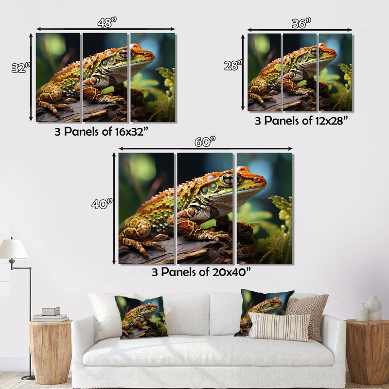 Portrait de grenouille II sur toile, 3 pièces, H 28 po x l 36 po x P 1 po