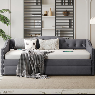 Twin Size, Gray Daybed, Trundle, Charging, Wood Frame, Velvet Fabric, Mid - Century, Back, Waved Arms Twin, Upholstered Velvet, Charging Design, Slats Support, Century