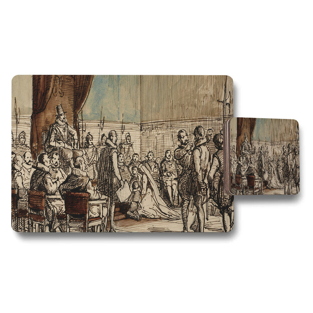 Vintage Placemats And Coasters Set With Historical Sketch Artwork