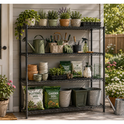 Étagère métallique de 120 cm (47,2 po), support de rangement réglable à 4 niveaux pour patio, jardin, cuisine extérieure et cabanon, noir mat