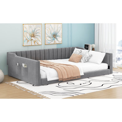 Lit de jour double TG gris avec pochette de rangement latérale - Polyvalent pour un usage domestique Pas de sommier tapissier