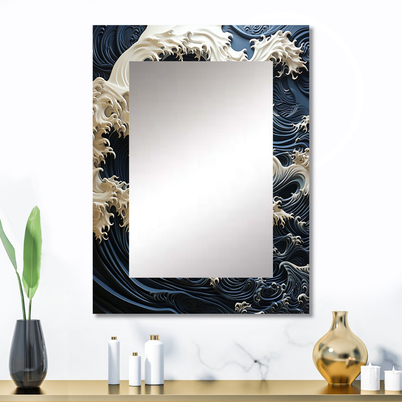Abstrait bleu et blanc océan tempête - miroir côtier, miroir mural décoratif bleu, impression d'art en métal, 32 po x 24 po