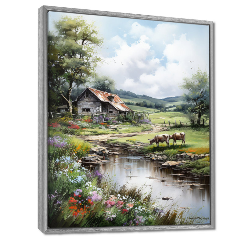 «Relaxing Farm Charm» - Art mural ferme, H 32 po x l 16 po, Cadre argenté flottant