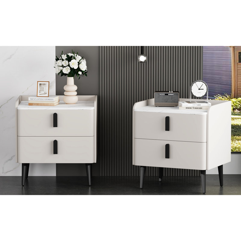 De 2 tables de chevet blanches, table de chevet avec tiroirs et plateau de table en marbre, convient au salon de la chambre à coucher, à l'unité, étuis à pieds ronds Scratch 2, tiroirs de table, décor moderne, bout de pièce