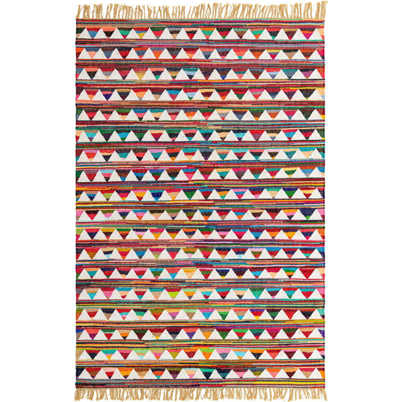 Tapis géométrique en coton tissé à plat à la main Jillann en blanc / rouge / jaune, Rectangle 7 pi 1 po x 10 pi