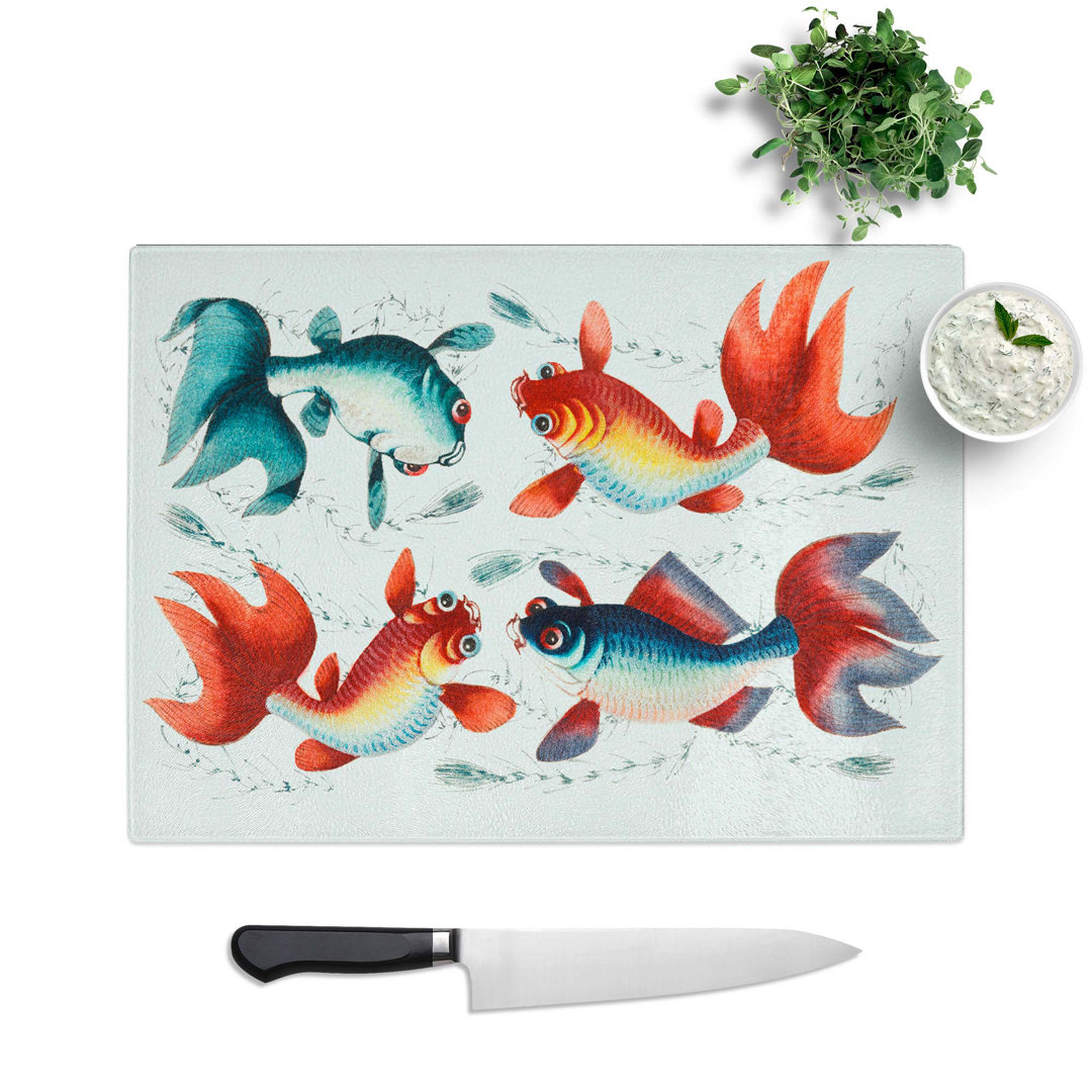 Tempered Glass Two Gold and Silver Fish Chopping Board