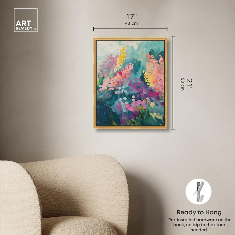 Toile abstraite abstraite avec art floral, H 21 po x l 17 po, Cadre flottant doré