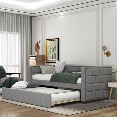 Twin Size Daybed With Trundle, Upholstered Daybed With Padded Back, Gray