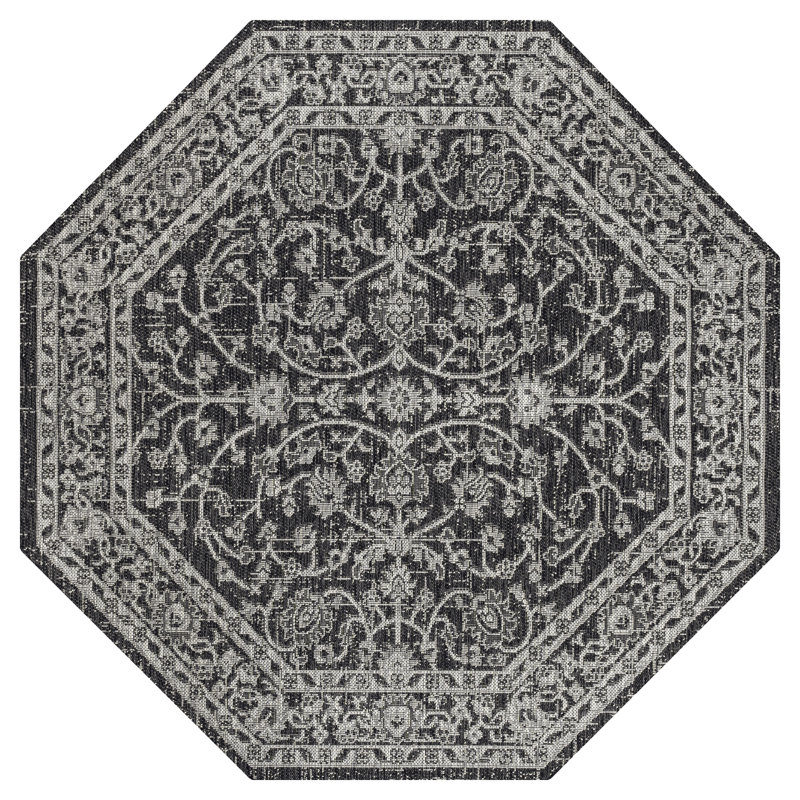 Tapis intérieur / extérieur noir / gris Mark tissé texturé vigne et bordure, Octogone 7 pi 9 po