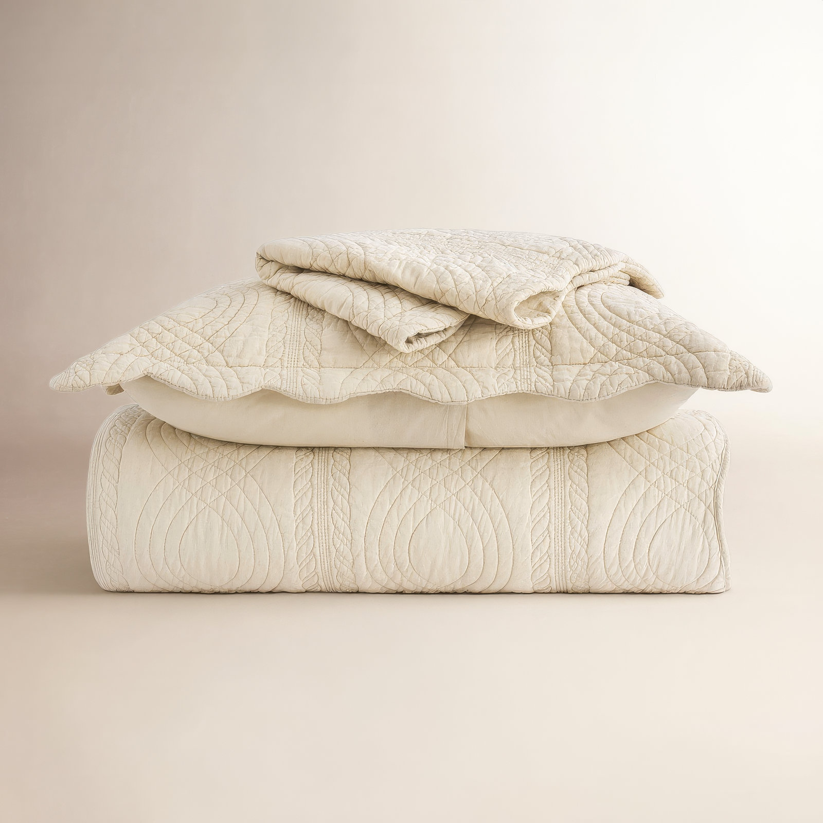 Cotton Quilt Set, Queen Quilt + 2 Queen Shams, Flax Beige